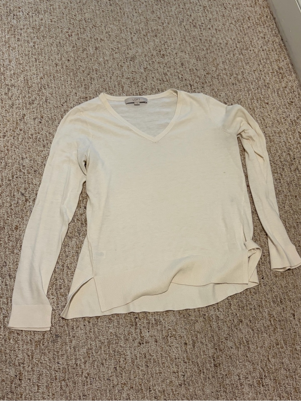LOFT Cream V-Neck Lightweight Sweater